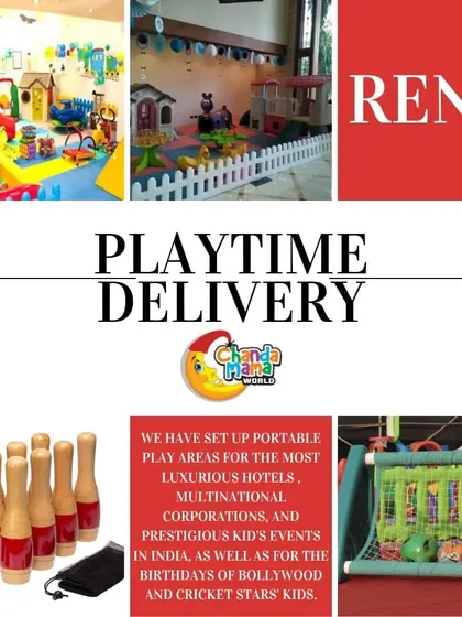 I have set up portable play areas for luxury hotels, corporations, and celebrity kids' events. This collage shows some of my equipment, including wooden bowling pins and a mini soccer goal.