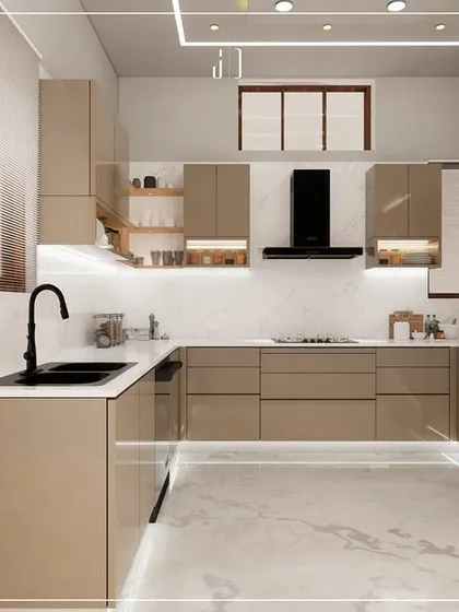 This 3D view shows the kitchen from the entrance, highlighting the open feel and the connection to the rest of the home. The design is perfect for modern, open-plan living.