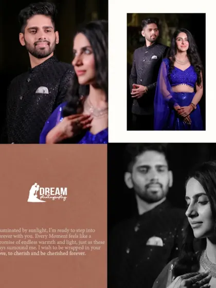 A collage of Dakshita and Shitiz's engagement portraits, blending color and monochrome for a stylish look.