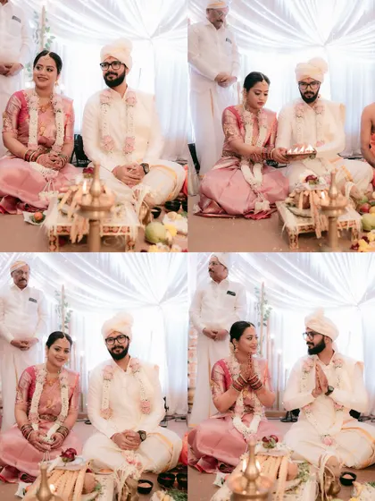A collage of moments from a traditional wedding ceremony, showing the couple performing rituals together.