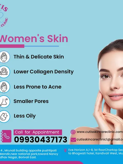 This graphic outlines the typical characteristics of women's skin, which is often thinner, has lower collagen density, and is less oily compared to men's skin. Understanding these differences is key to providing the right care.