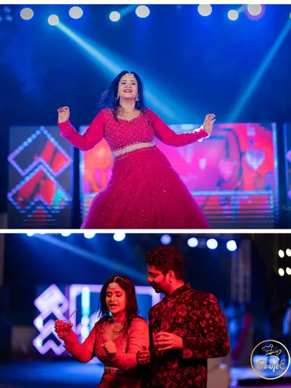 A collage of the bride's solo dance performance and a moment with her partner on stage.