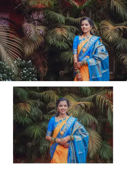 A set of portraits of the bride against a lush green backdrop of palm leaves, highlighting her beautiful blue and yellow saree.