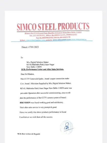 A performance letter from Simco Steel Products, certifying that the HIKVISION CCTV and EPABX system I installed was working well and that my after-sales service was prompt.
