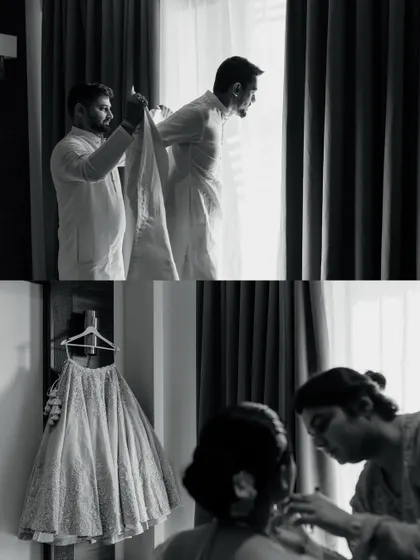 A black and white collage of the getting ready process, showing the bride's attire and the groom's preparations.