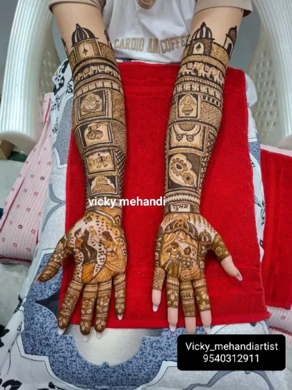 A unique design featuring various wedding symbols like the mangalsutra and sindoor in individual panels, creating a visual checklist of a beautiful union.
