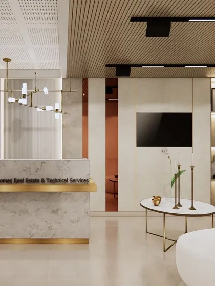 A render of a luxurious reception lobby for an office in Dubai. I used marble-like surfaces with brass and rose-gold accents, along with statement lighting, to create a sophisticated and impressive entrance.