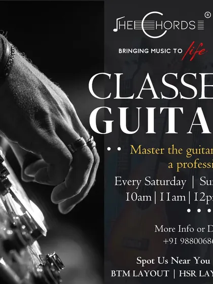 This graphic outlines our professional guitar classes, available on weekends. Whether you're a beginner or looking to refine your skills, we have a spot for you in our Bangalore centers.