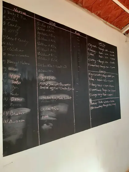 Organization is key to providing personalized care. This board shows the specific diet and routine for each of our guests, ensuring we follow your instructions perfectly.