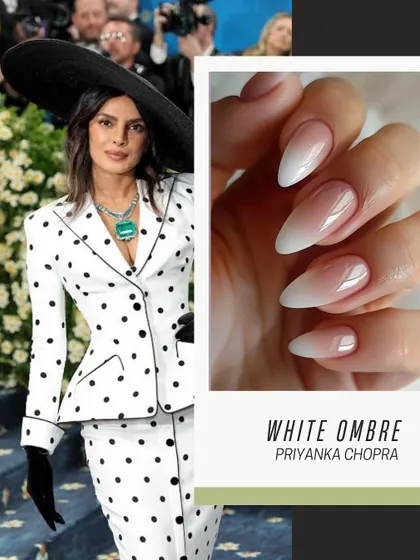 Inspired by Priyanka Chopra's red carpet look, this is a classic white ombré or "baby boomer" nail. It's a timeless and elegant style that is always in fashion.
