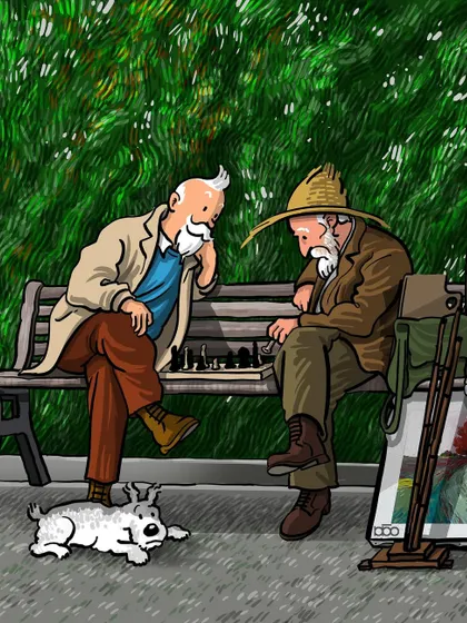 A delightful crossover where two beloved characters meet. I've drawn Vincent van Gogh playing chess on a park bench with Captain Haddock from the Tintin comics, with Snowy the dog resting at their feet. It's a whimsical meeting of two different artistic universes.