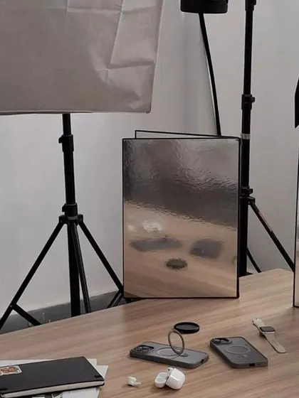 A wide shot of the lighting and props used to create the Fusegear lifestyle shots.