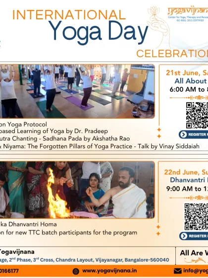 An announcement for our International Yoga Day celebrations, which included a talk on Yama & Niyama, a game-based learning session, and a sacred Dhanvantri Homa.
