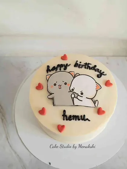 A very cute and simple no-fondant cake for Hemu. This minimalist design features a hand-painted cartoon of two cats, surrounded by little red hearts.