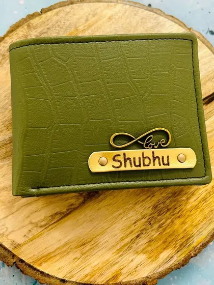 This olive green croc-textured wallet is personalized with a name and an infinity love charm, perfect for an anniversary or Valentine's gift.