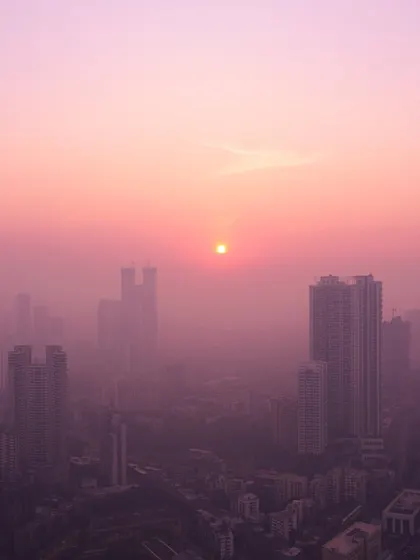 The sun appears as a small, bright dot in a pink, hazy sky above the silhouettes of Mumbai's buildings.