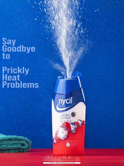 An action shot created for a talcum powder brand. I used a high-speed shutter to freeze the powder "exploding" from the bottle, creating a dynamic and eye-catching visual that communicates the product's use in a creative way.