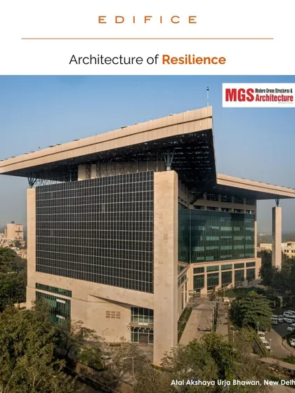 The cover of a publication featuring the Atal Akshaya Urja Bhawan, highlighting its recognition as an 'Architecture of Resilience.' This project exemplifies our ability to deliver net-zero energy buildings that are both functional and iconic.