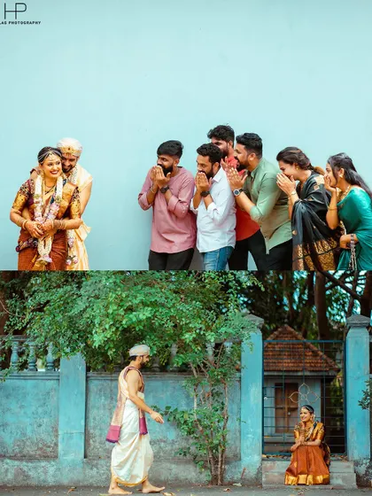 A fun and playful collage from a traditional-themed shoot. The top photo shows friends and family peeking at the couple, adding a touch of humor and community to the love story.