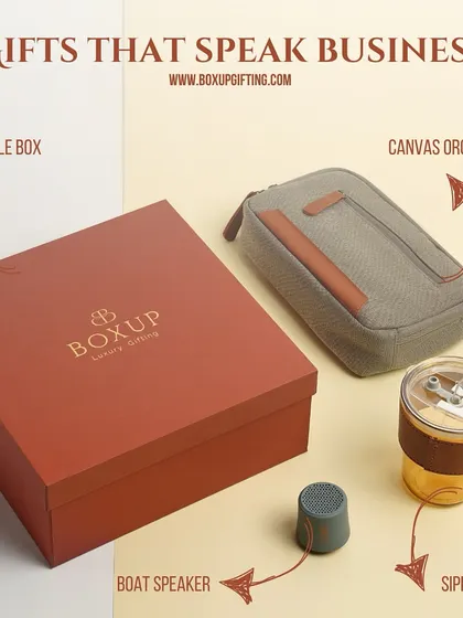 Gifts that speak business. This hamper includes a reusable box, a canvas organizer, a boAt speaker, and a sipper, a combination that is both practical and impressive.