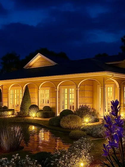 The farmhouse concept at night, with landscape lighting creating a warm, inviting glow on the house and garden.