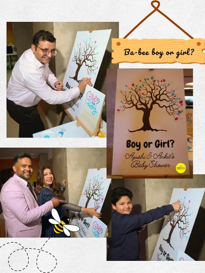 "Ba-bee boy or girl?" A fingerprint tree is a wonderful way for guests to leave their mark and guess the baby's gender. It becomes a beautiful keepsake for the parents.