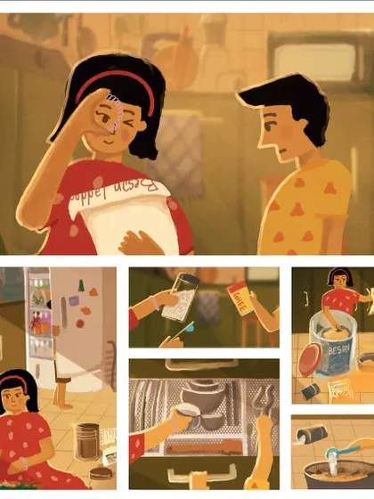 An illustration of two kids making besan ladoos. Spilled flour and sticky fingers are all part of the process of making memories in the kitchen.