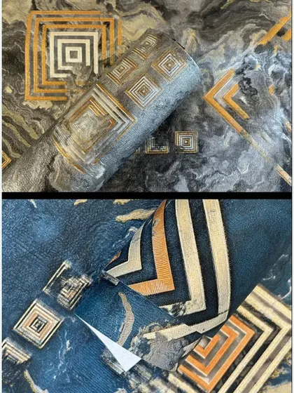 A collage of two different abstract geometric wallpaper rolls, showing the texture and design.