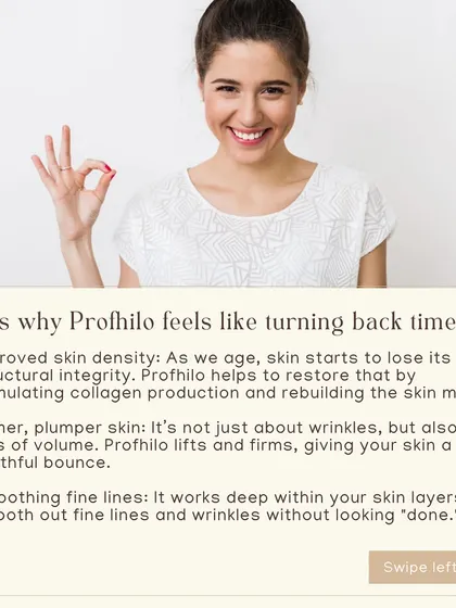 This graphic explains why Profhilo feels like turning back time, detailing its effects on skin density, firmness, and fine lines.