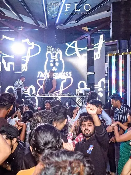 A view from the dance floor at Flo, Bangalore. You can see my custom visuals on the screen while the crowd is fully engaged.