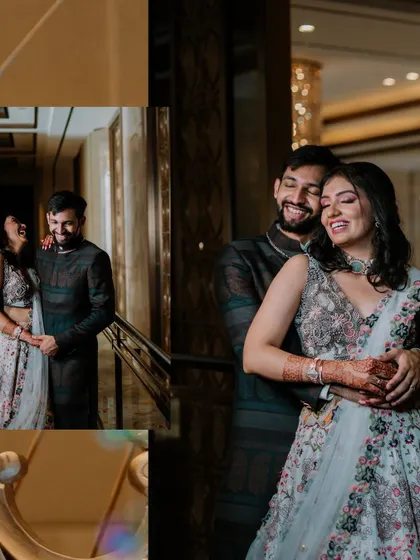 A collage of the couple sharing a laugh and a hug during their reception.