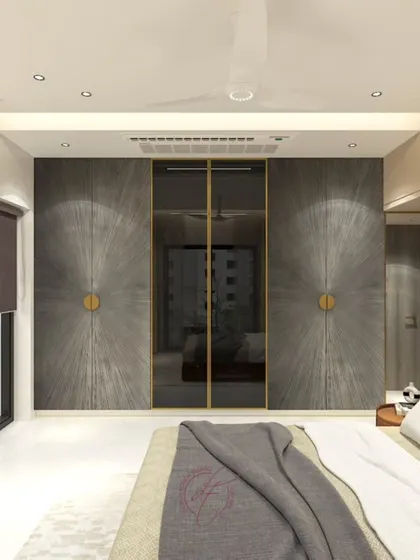 A full view of the bedroom from the foot of the bed, highlighting the dramatic radial-patterned wardrobes and the harmonious color palette.