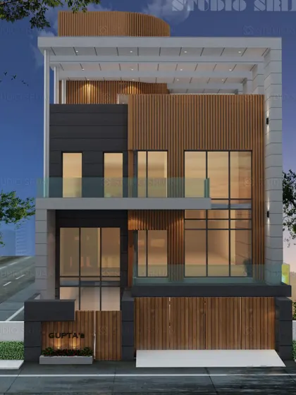 The initial 3D concept for a residence in Pitampura, featuring a dynamic mix of wood-paneled sections and dark grey masses. This render served as the exact blueprint for the final building, which you can see in the photo with ID 20.