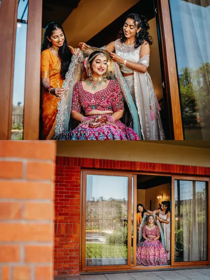 A heartwarming collage of the bride getting ready with her bridesmaids. It captures the love and support of her tribe as they help her with the final touches.