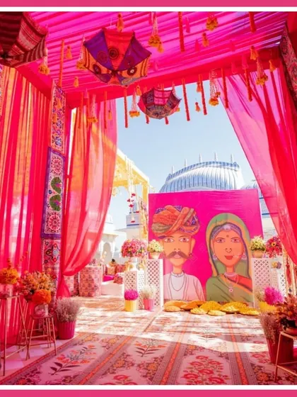 We brought the vibrant spirit of a Rajasthani mela to life with this colorful and traditional decor. From custom art panels to bright drapes and umbrellas, every detail was designed to immerse guests in the local culture.