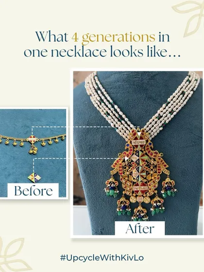 This necklace holds the story of four generations. We combined multiple heirloom pieces, including old ghoogris and a pendant, into a single, magnificent necklace that can be passed down for years to come.