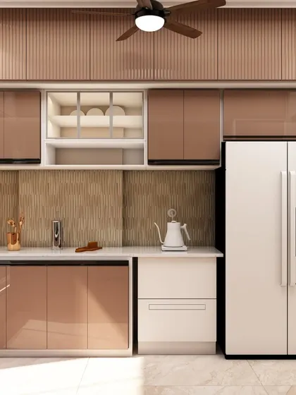 A 3D render of a kitchen with glossy, copper-toned cabinets and a textured backsplash, showcasing a warm and luxurious color palette.
