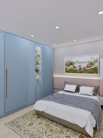 A wider view of the pastel blue bedroom, showing the harmonious blend of colors and textures.