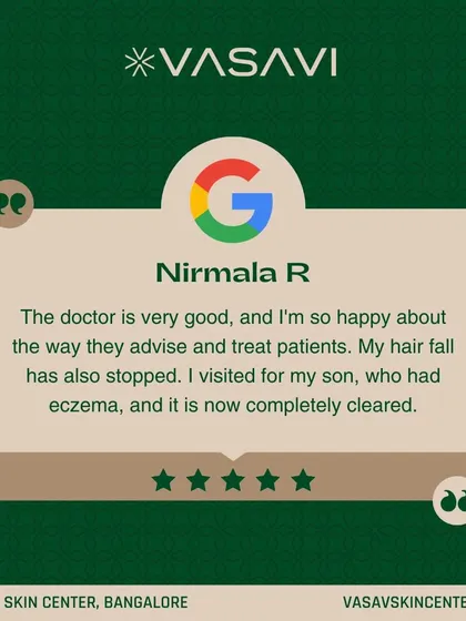 I am happy to receive feedback that highlights successful outcomes for multiple family members. This review mentions the cessation of hair fall for the patient and the complete clearance of eczema for her son, showcasing the breadth of dermatological care I provide.