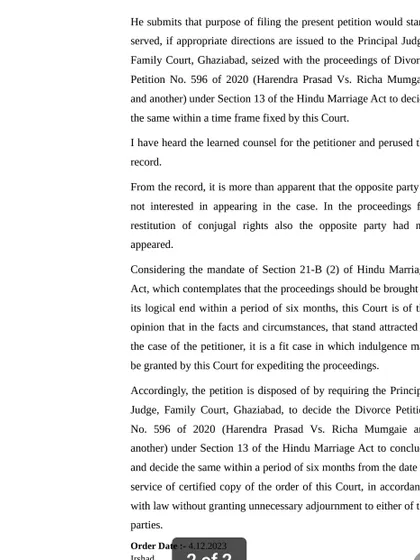The concluding page of the High Court order directing the family court to fast-track a divorce proceeding. This demonstrates our commitment to preventing unnecessary delays for our clients.
