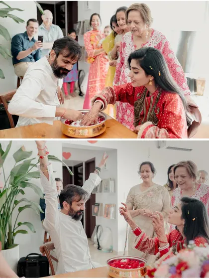 A collage of playful moments from the post-wedding games during the homecoming ceremony, capturing the fun and relaxed atmosphere.