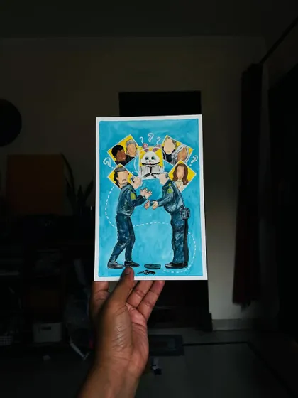 Inspired by the series 'Anxious People,' this painting captures the chaos, humour, and unexpected kindness that connects a group of strangers. It's a reminder that even in our anxious moments, we are all human.