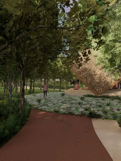 A render of a secluded meditation or yoga spot, nestled in a wooded area. We design these "pause places" for quiet contemplation and connection with nature.