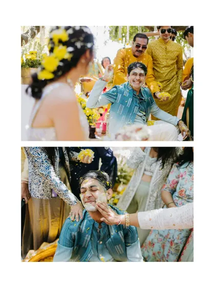 A collage of the groom's Haldi ceremony, capturing the playful moments of him being smeared with haldi by family and friends.