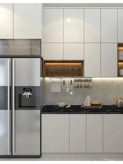 This visualization shows how we integrate large appliances like a side-by-side refrigerator seamlessly into the cabinetry. The combination of white cabinets, a black countertop, and wood-finish open shelves creates a balanced look.