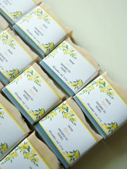The full set of the Amalfi-themed soaps, with their bright lemon-printed labels.