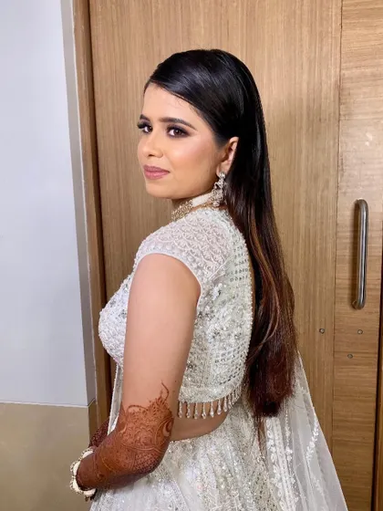 A confident glance from my beautiful bride. This angle shows how the contoured cheekbones and defined eyes create a striking and photogenic sangeet look.