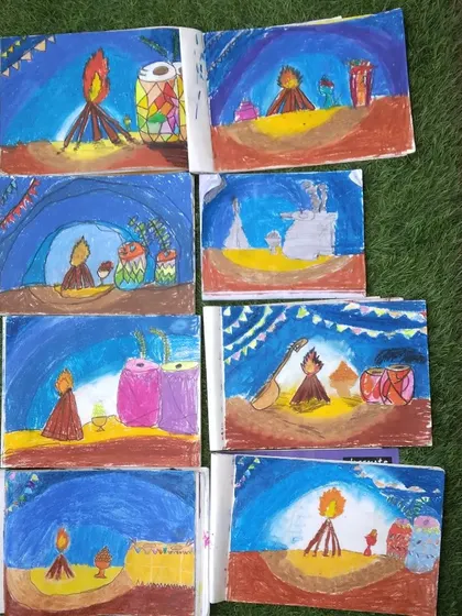 A collection of colourful artworks celebrating the Sankranti festival, with bonfires and festive drums.