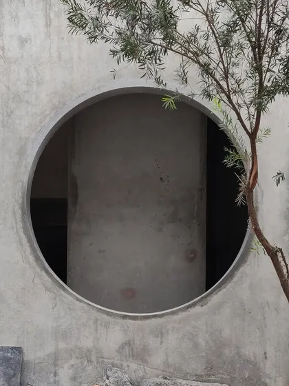A circular opening cut into a concrete wall at the Franklin Residence, framing a view of a tree. This simple geometric intervention acts as a focal point, turning a simple wall into a piece of architectural art.