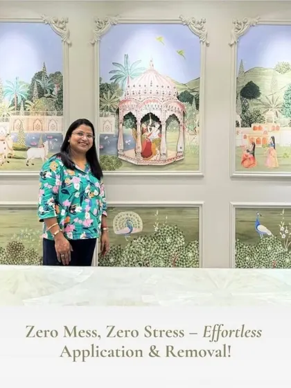 This client is delighted with her new Pichwai-style wallpaper panels. This traditional art form, featuring intricate details and serene subjects, is a beautiful way to add cultural elegance to any interior.